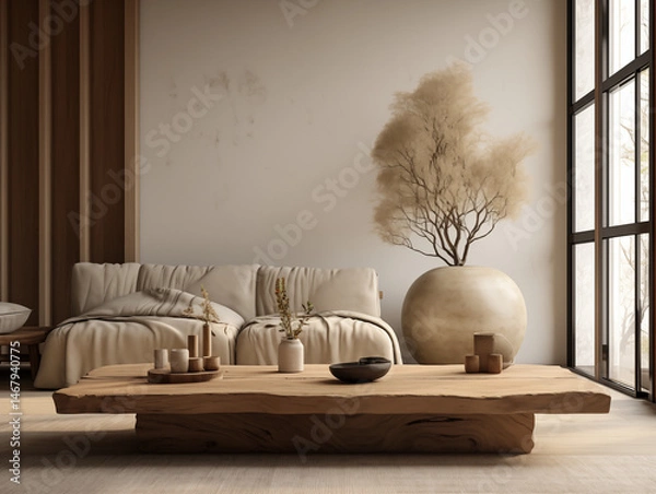 Fototapeta Simple japandi and wabi sabi interior in light colors with rustic coffee table, couch with pillows and oversized artwork on the wall