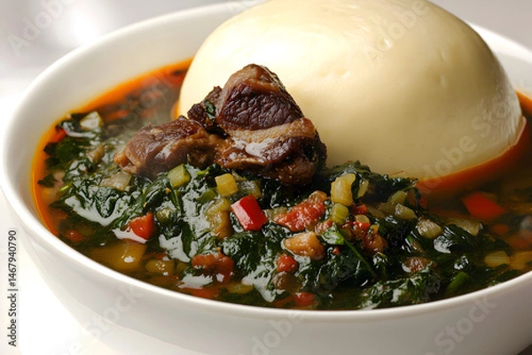 Fototapeta A neatly arranged bowl of fufu and egusi soup with tender meat, showcasing a traditional West African meal