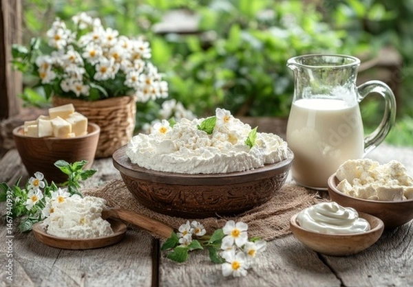 Fototapeta Creamy Cottage Cheese Bowl: Rustic Spring Still Life