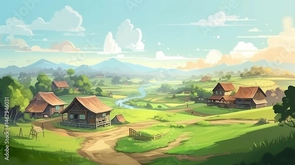 Fototapeta Peaceful rural landscape, charming houses