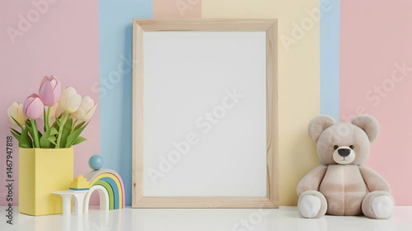 Fototapeta White blank wood frame with teddy bear and pastel toy rainbow on white desk. Blank horizontal frame mockup, baby room art with baby kid toys over pink, yellow and blue background