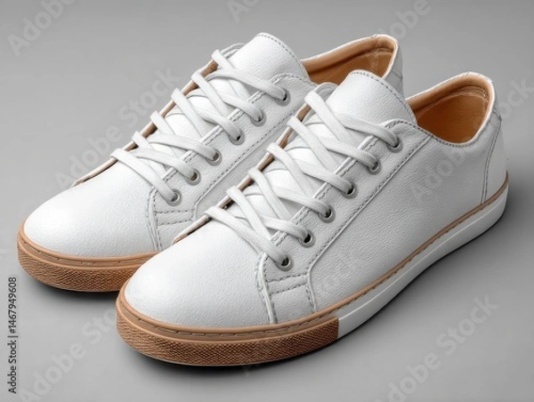 Fototapeta Pair of white sneakers on a neutral grey surface