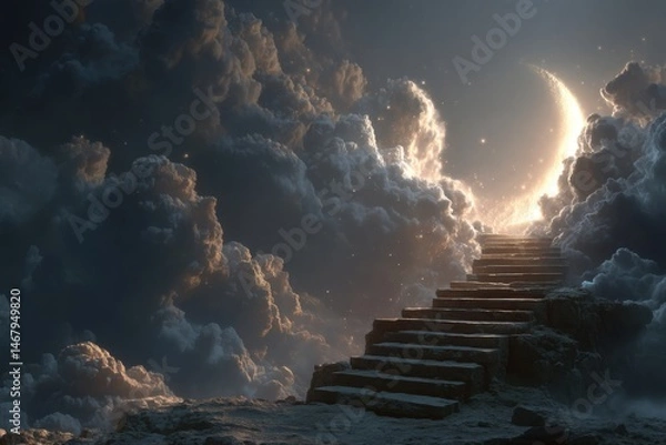 Obraz Stairs rising into clouds with celestial lights, spiritual surrealism