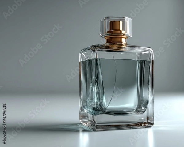 Fototapeta Transparent perfume bottle standing on clean white surface.