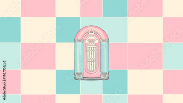 Obraz Retro jukebox illustration on pink diner wall with teal tile vector background for presentations