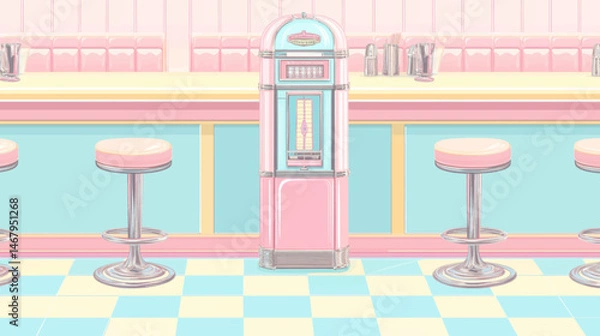Obraz Seamless retro diner vector background with center jukebox and pink teal pastel tile design