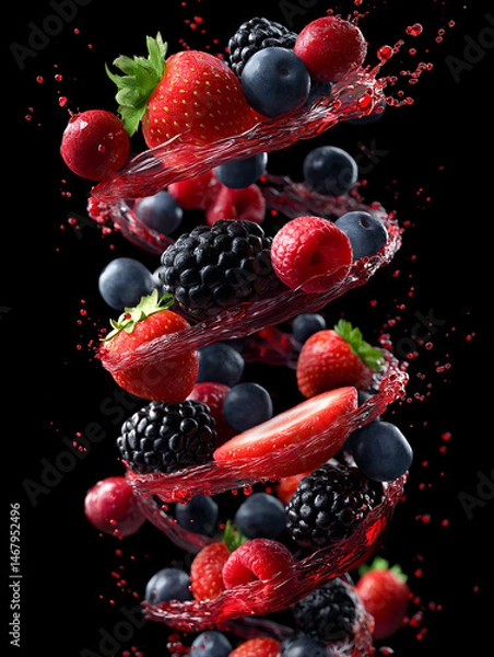 Fototapeta A vibrant tornado of mixed berries, including strawberries, blueberries, raspberries, and blackberries, swirling in a splash of red juice.