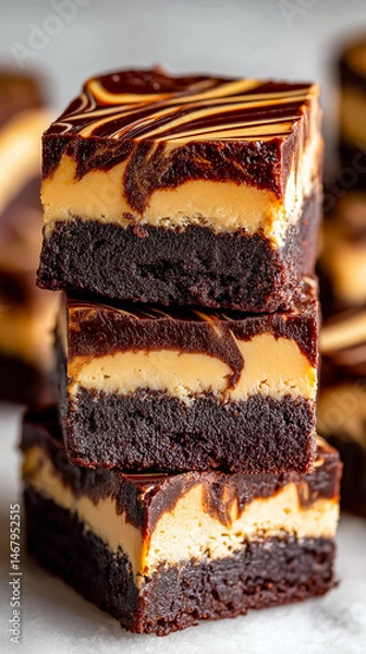 Fototapeta Stack of decadent brownies with a swirl of fudge topping on a light surface, showcasing rich layers and tempting textures.