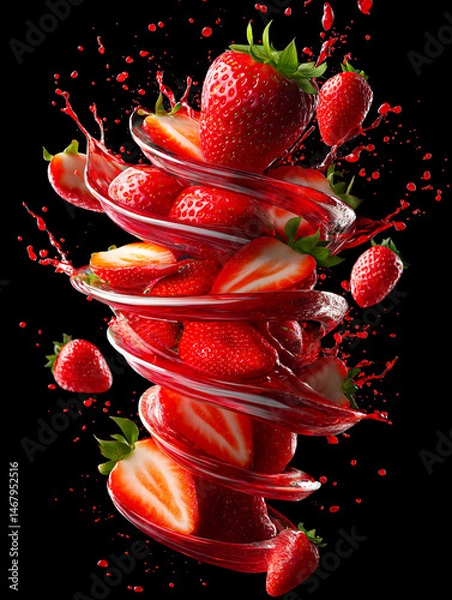 Fototapeta Elevated strawberries cascade within a swirling vortex of bright red liquid, standing out against a stark black backdrop. Splash of color.