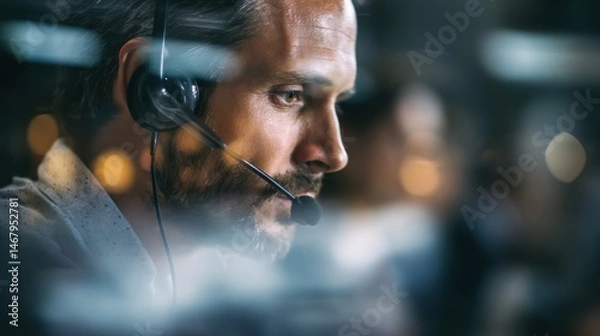 Fototapeta Call Center Interface Displaying an Employee Assisting Customers While Using a Headset in a Busy Environment During Work Hours Generative AI