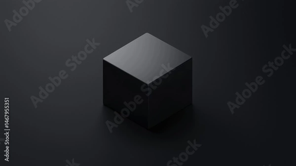 Obraz A 3D rendering of a black cube against a black background.