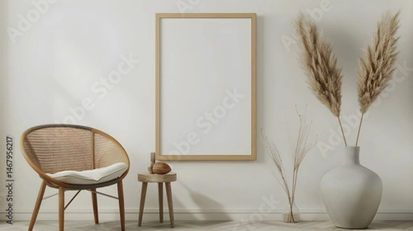 Fototapeta Wooden frame mockup close up standing near chair and vase in interior, 3d render