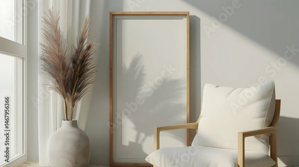 Fototapeta Wooden frame mockup close up standing near chair and vase in interior, 3d render