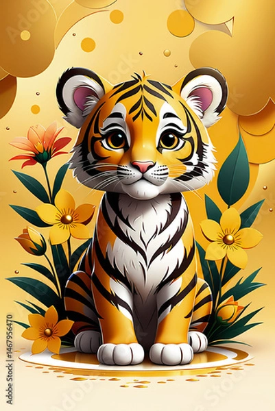 Fototapeta A little tigress cub with flowers in a golden abstract background, cartoon sticker, design illustration wallpaper 