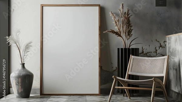 Fototapeta Wooden frame mockup close up standing near chair and vase in interior, 3d render