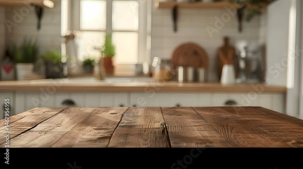 Fototapeta Wooden table on blurred kitchen bench background. Empty wooden table and blurred kitchen background