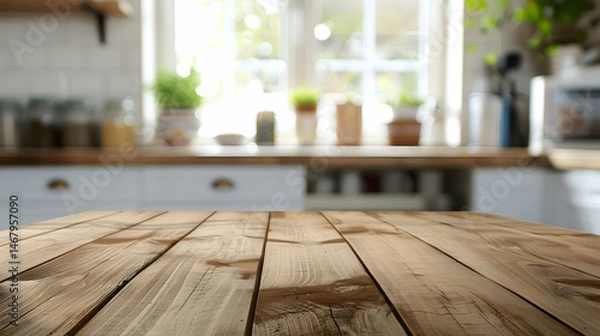 Fototapeta Wooden table on blurred kitchen bench background. Empty wooden table and blurred kitchen background