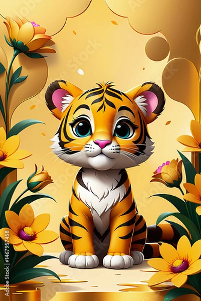 Fototapeta A little tigress cub with flowers in a golden abstract background, cartoon sticker, design illustration wallpaper 
