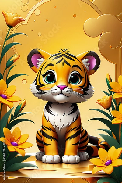 Fototapeta A little tigress cub with flowers in a golden abstract background, cartoon sticker, design illustration wallpaper 