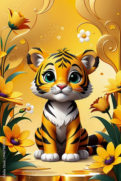 Fototapeta A little tigress cub with flowers in a golden abstract background, cartoon sticker, design illustration wallpaper 