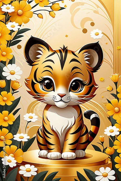 Fototapeta A little tigress cub with flowers in a golden abstract background, cartoon sticker, design illustration wallpaper 