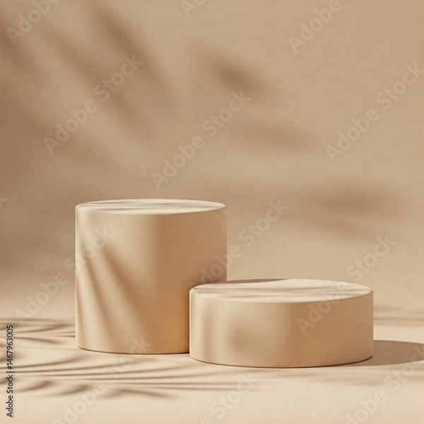 Fototapeta Two cylindrical pedestals in a beige-toned studio setup. Palm leaf shadows overlay the scene, creating a minimalist, elegant, and tropical-inspired aesthetic.