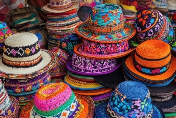 Fototapeta Colorful handmade hats stacked high, vibrant designs and patterns.  A variety of styles and colors are displayed