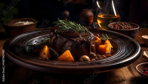 Obraz Gourmet Beef Steak Dinner with Roasted Vegetables and Rosemary Garnish on Dark Plate