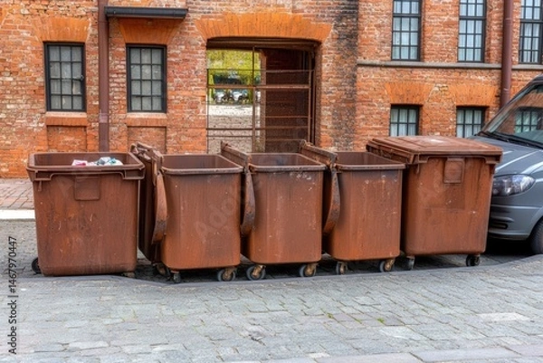 Fototapeta Large garbage cans on the street of the old town. The tanks are old and rusty. On the background of a brick house with an arch.