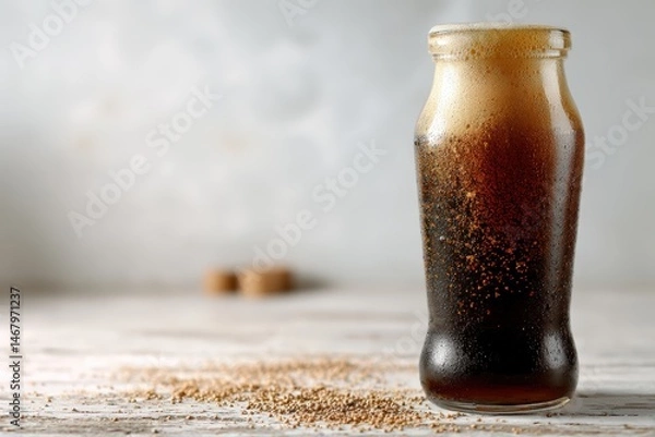 Fototapeta A glass full of root beer with lots of foam, a brown glass bottle on a rough wooden table. Light Colors. High-Key Lighting
