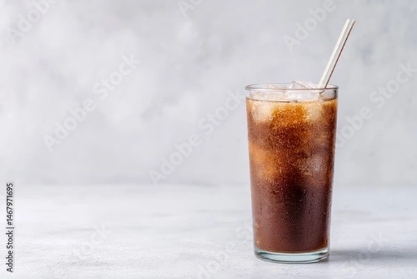 Fototapeta A glass of iced coffee with a straw, Light Colors, High-Key Lighting