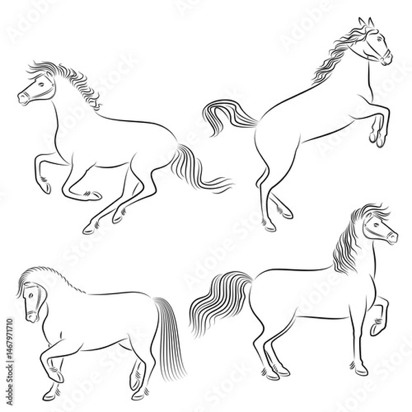 Fototapeta Collection. Silhouette of a beautiful strong horse. The animal runs fast. Drawing for aesthetic decor, posters, stickers, logo. Vector illustrations set