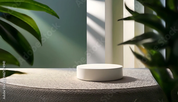 Obraz Minimalist Product Display White Cylinder on Textured Beige Surface with Lush Green Foliage