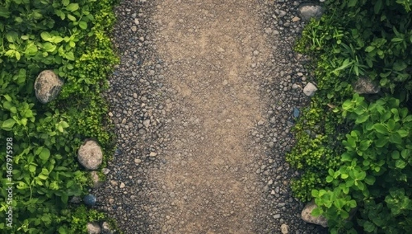 Fototapeta A pathway lined with greenery, pebbles, and stones.  Top-down view
