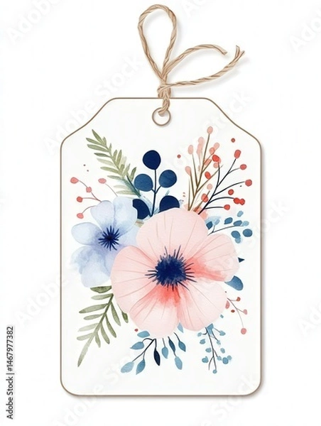 Fototapeta Floral tag with twine on a clean white setting