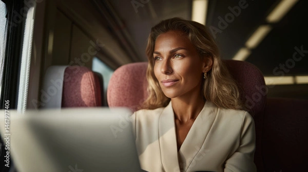 Obraz Elegante Geschäftsfrau reist in modernem europäischen Zug und arbeitet am Laptop, Elegant businesswoman travels on a modern European train and works on her laptop