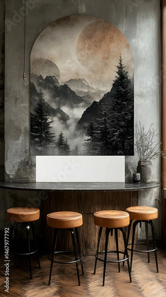 Fototapeta Serene moonlit mountain scene art piece displayed above a bar counter with four stools