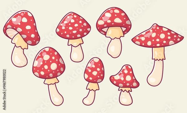 Obraz Set of hand drawn red mushrooms. Cute vector illustrations of fly agaric mushrooms