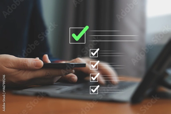 Fototapeta Inspector makes mark on the survey topic, Checklist with checkmarks and checkboxes, checkbox to conduct opinion and quality surveys or satisfaction, checklist ideas, online quality assessment