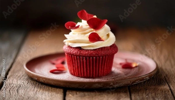 Obraz a delicious red velvet cupcake topped with creamy frosting and delicate petals on a rustic plate