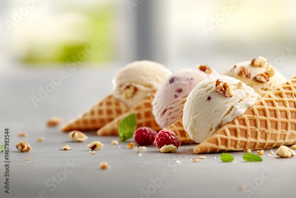 Fototapeta Six Ice Cream Cones Featuring Various Flavors with Fresh Berries Nuts and Mint Displayed on a Gray Surface