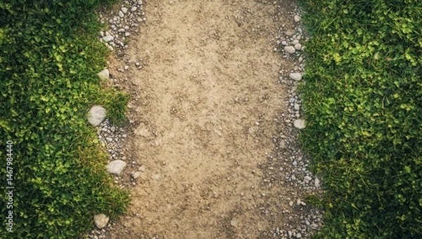 Fototapeta A narrow dirt path flanked by lush green grass, showing small stones embedded in the path and along its edges