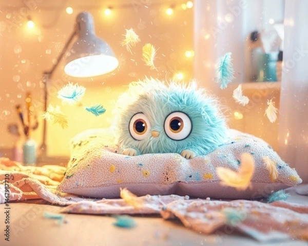 Fototapeta Fluffy creature resting on a soft pillow. AI.