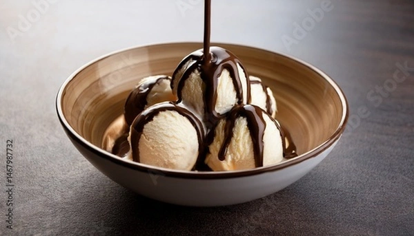 Obraz balls of vanilla ice cream in a bowl covered with liquid chocolate