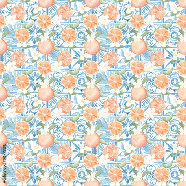 Fototapeta Citrus watercolor pattern. Juicy print. Lemon, orange, blossom. Motifs of Greece, Italy. Santorini. Citrus blossom. Home textiles. Decor. Texture.