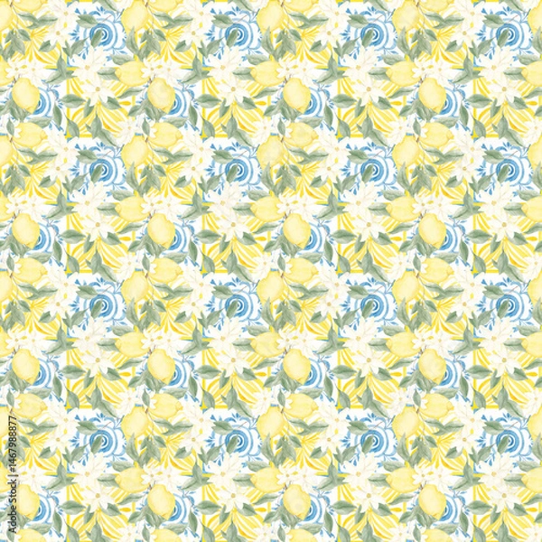 Fototapeta Citrus watercolor pattern. Juicy print. Lemon, orange, blossom. Motifs of Greece, Italy. Santorini. Citrus blossom. Home textiles. Decor. Texture.
