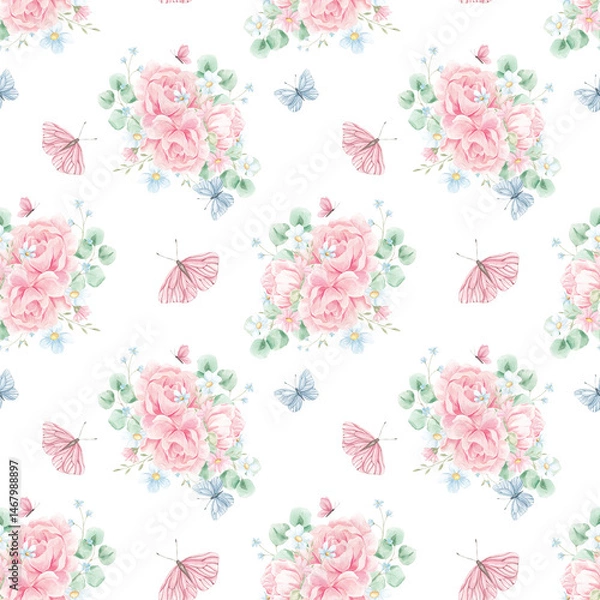 Fototapeta Peony watercolor pattern. Spring, blossom. Pink flowers. Birds. Textiles. Home textiles. Pink peonies. Delicate watercolor print. Wallpaper. Wrapping paper.
