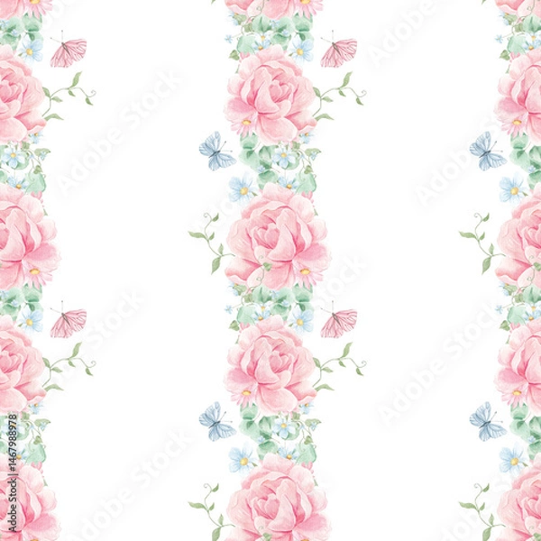 Fototapeta Peony watercolor pattern. Spring, blossom. Pink flowers. Birds. Textiles. Home textiles. Pink peonies. Delicate watercolor print. Wallpaper. Wrapping paper.