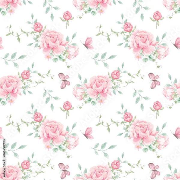 Fototapeta Peony watercolor pattern. Spring, blossom. Pink flowers. Birds. Textiles. Home textiles. Pink peonies. Delicate watercolor print. Wallpaper. Wrapping paper.