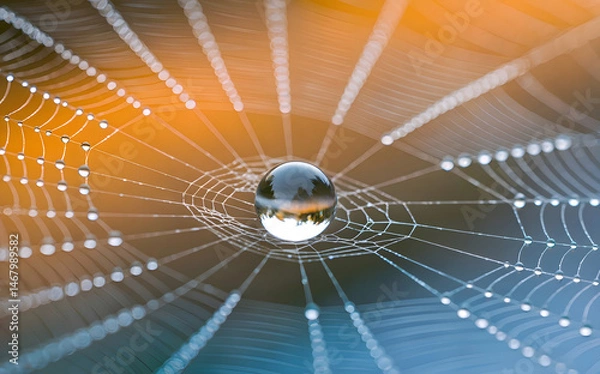 Fototapeta Close-up of a Water Droplet on Rainbow-Hued Spider Web
